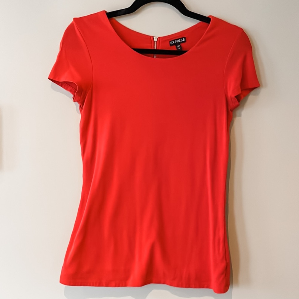 Express Red Back Zip Short Sleeve Knit Top Cotton Modal Size S